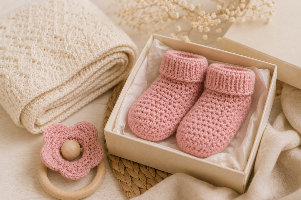 Handmade crochet baby socks presented as a baby shower gift