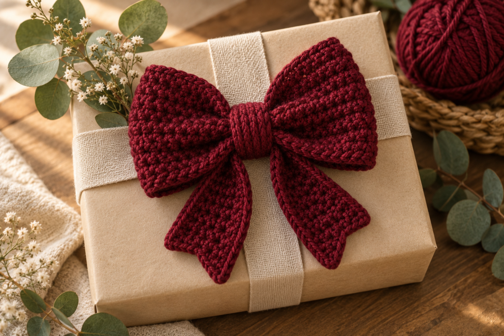 Handmade burgundy crochet bow used to decorate a gift