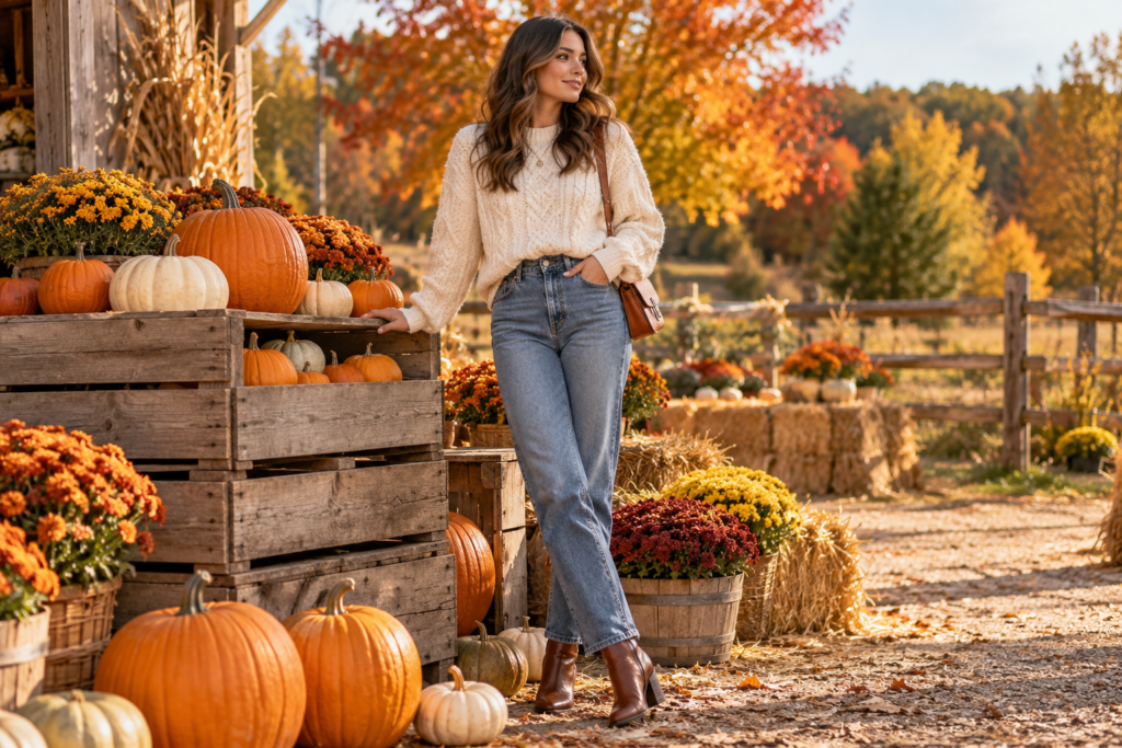 Rust sweater and blue jeans pumpkin patch outfit