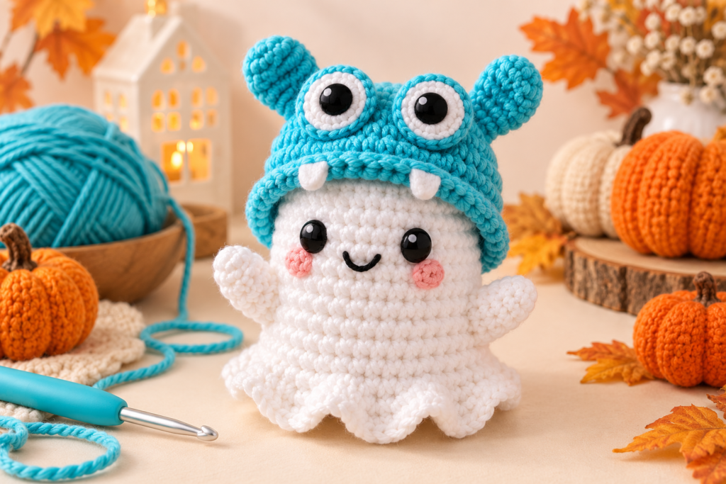 Cute handmade crochet ghosts arranged as Halloween decorations