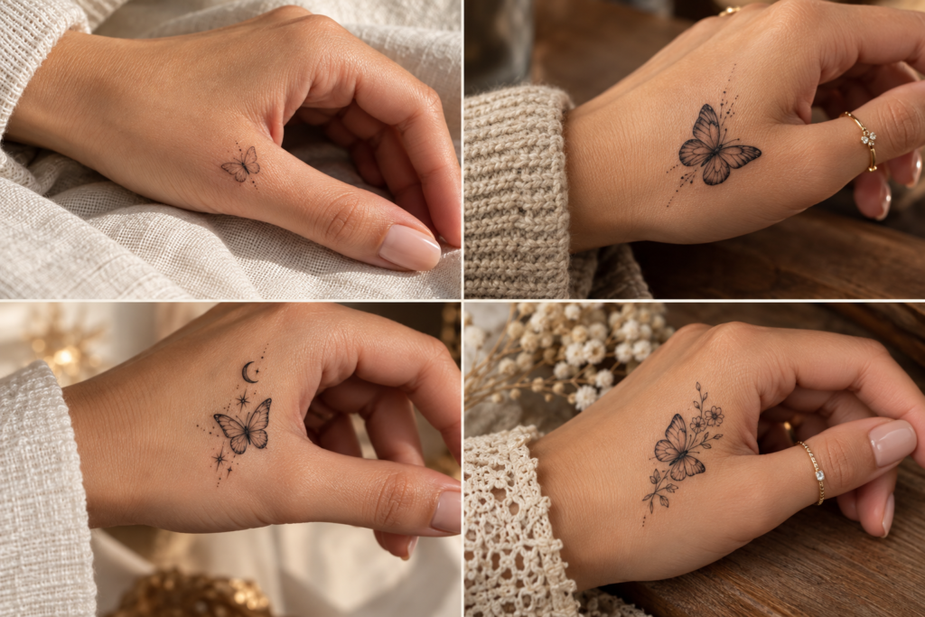 Four elegant butterfly hand tattoo styles including minimalist and celestial designs