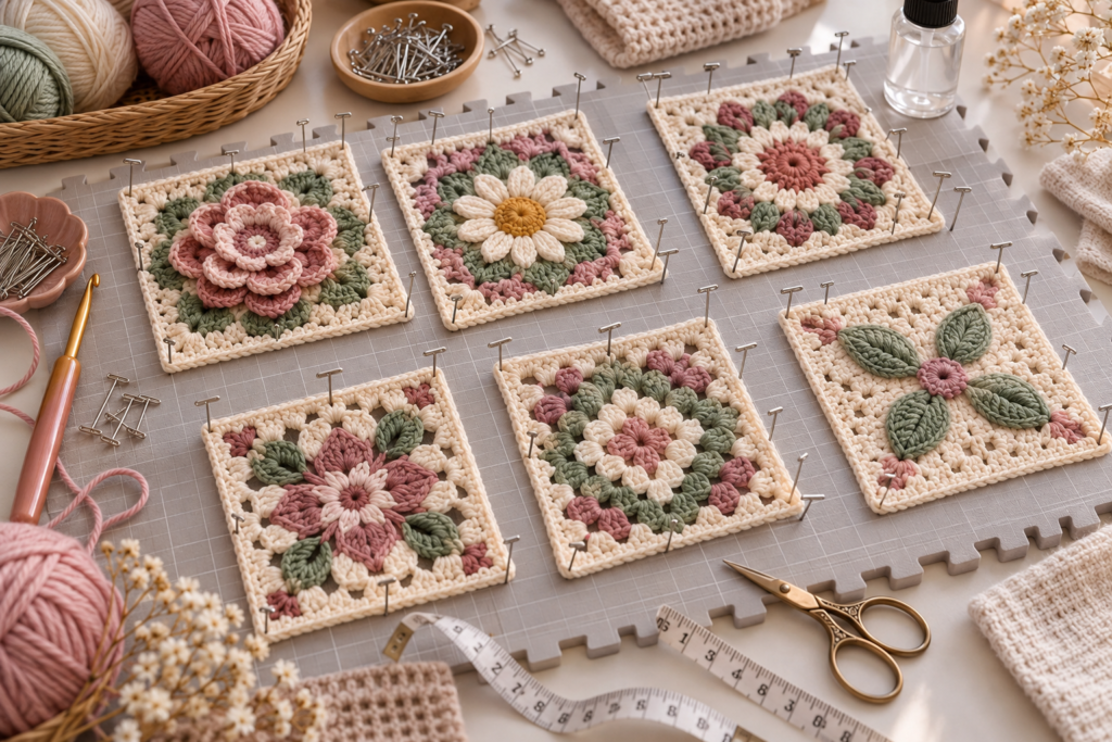 Crochet granny squares pinned on a blocking mat for even shapes and edges