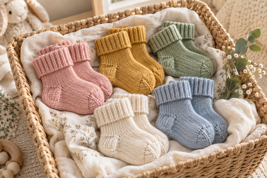 Colorful handmade knitted baby socks arranged as a baby gift