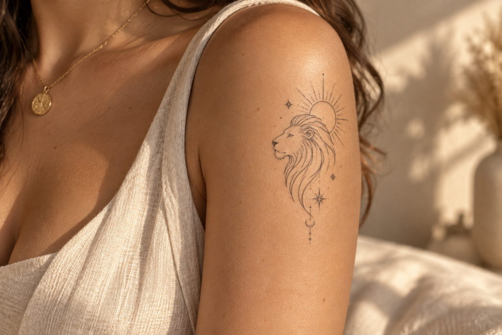 Leo tattoo combined with a minimalist sun design