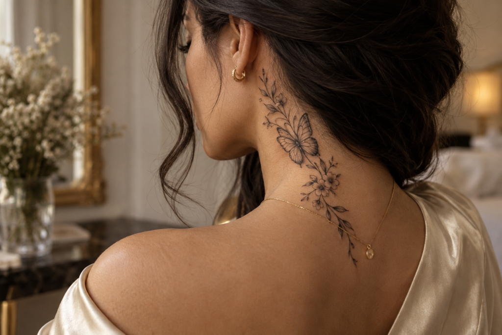 Butterfly and flower neck tattoo with delicate botanical details