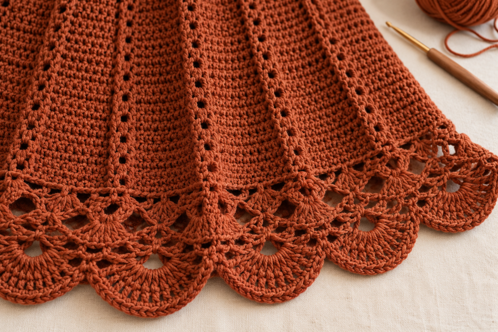 Detailed scalloped crochet hem on a handmade skirt