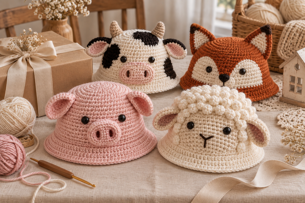 Four handmade farm animal crochet bucket hats styled as children's gifts