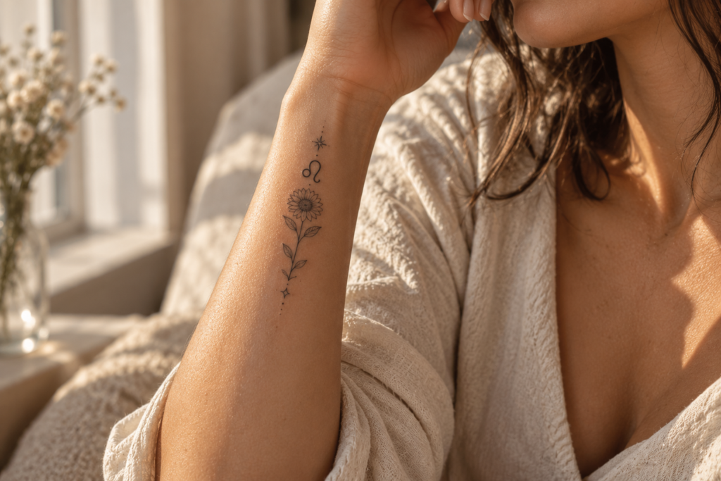 Tiny zodiac symbol paired with a delicate birth flower tattoo