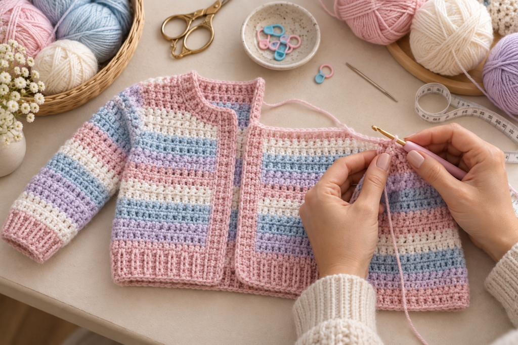 Crocheting a baby cardigan with yarn and crochet hook
