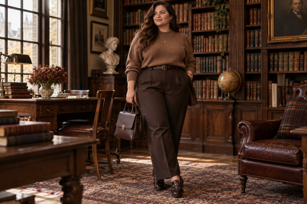 Plus size monochromatic brown Dark Academia outfit with sweater and trousers
