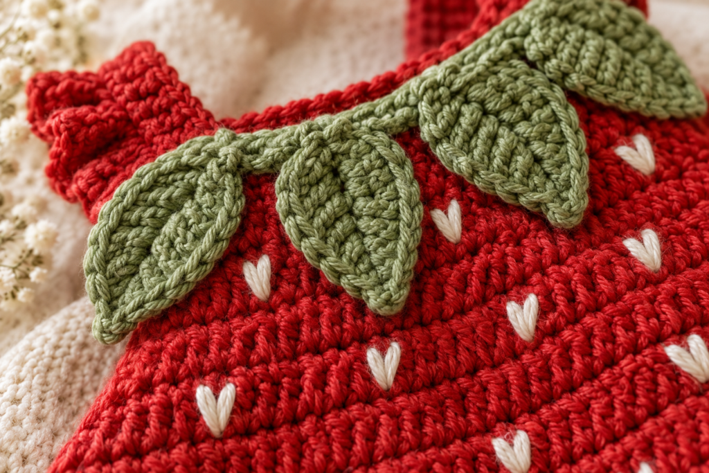 Strawberry crochet baby bonnet with green leafy crown and seed details