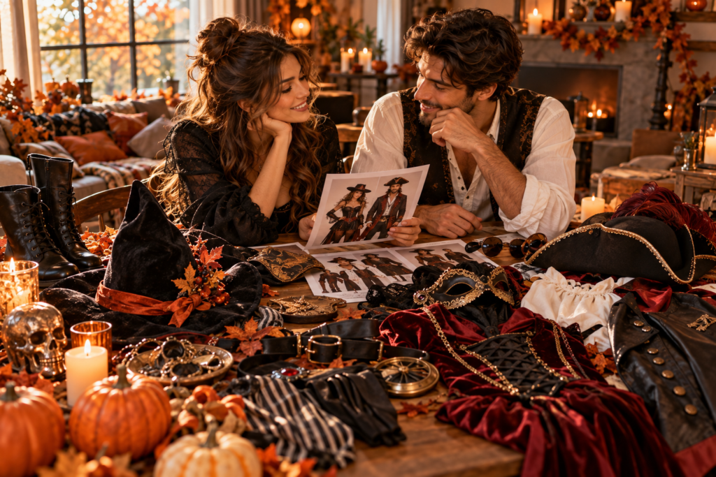 Couple choosing between different Halloween costume ideas and accessories