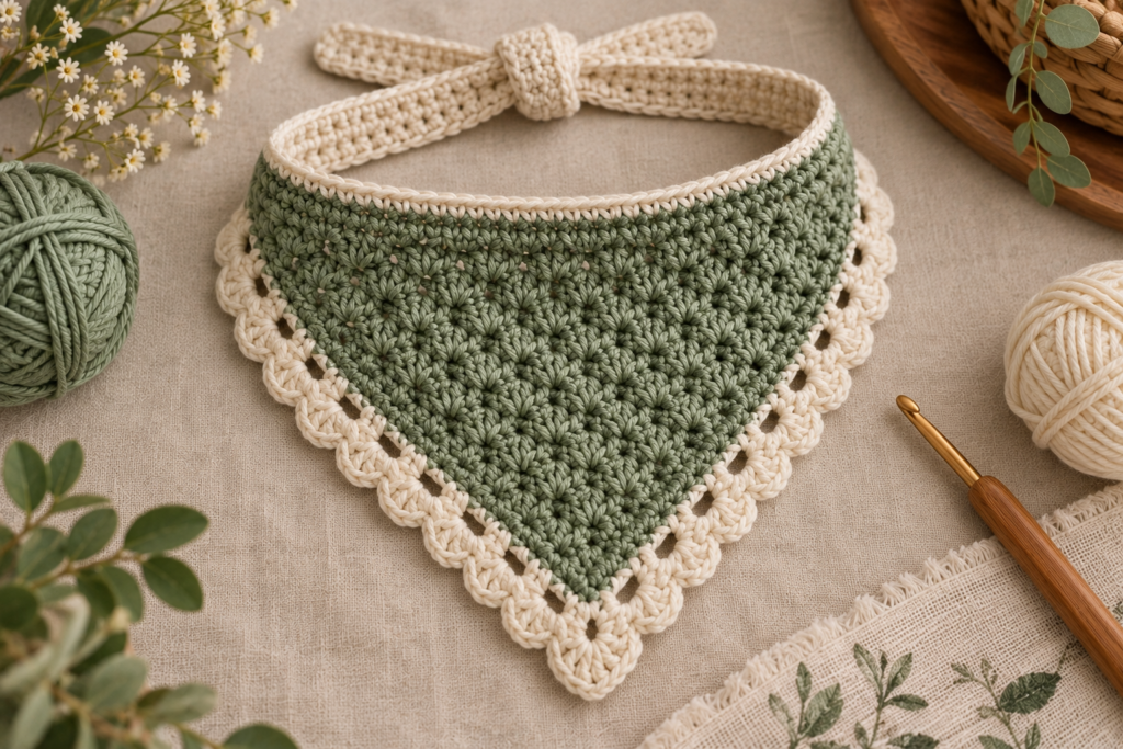 Two-color sage green and cream crochet dog bandana