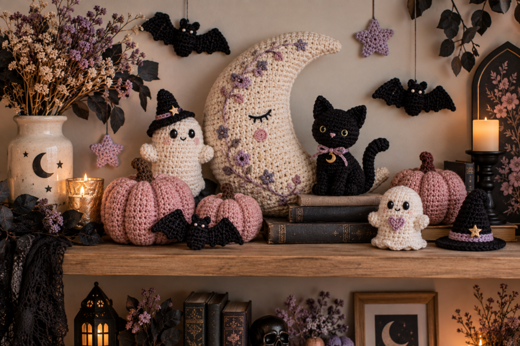 Pastel goth Halloween shelf decorated with handmade crochet ghosts bats pumpkins and moon