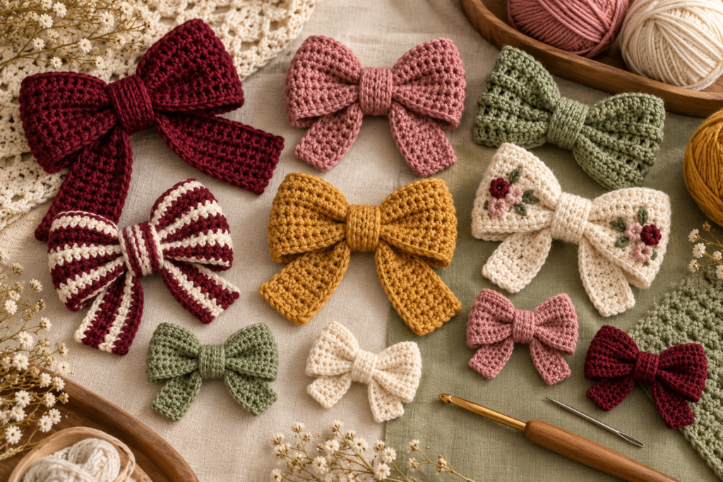 Collection of handmade crochet bows in different sizes colors and styles
