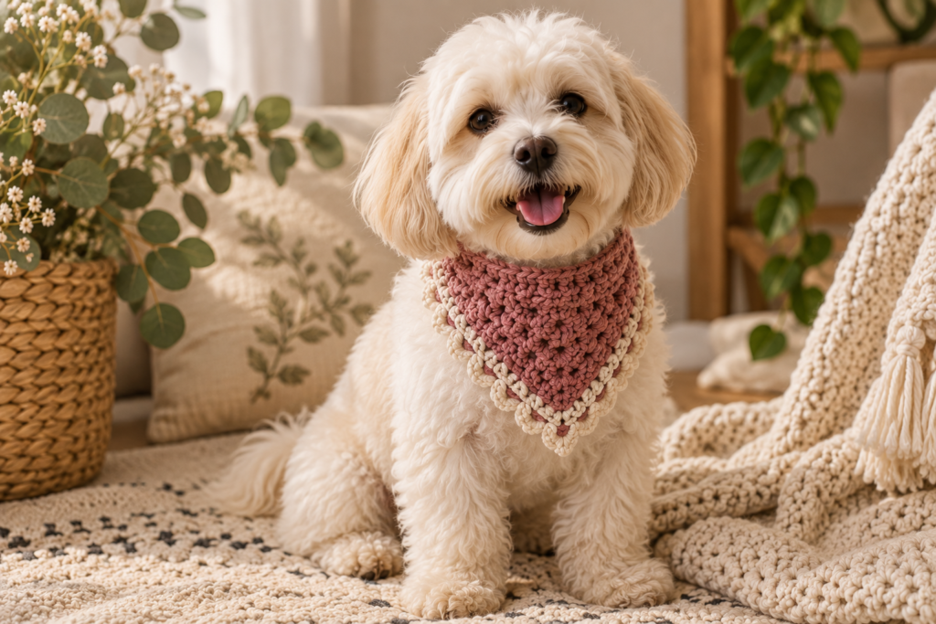 Small white dog wearing a handmade dusty rose crochet bandana