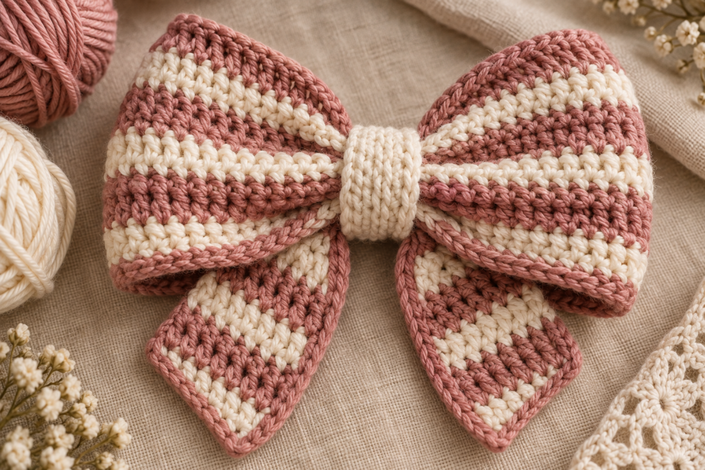 Handmade striped crochet bow in dusty pink and cream yarn