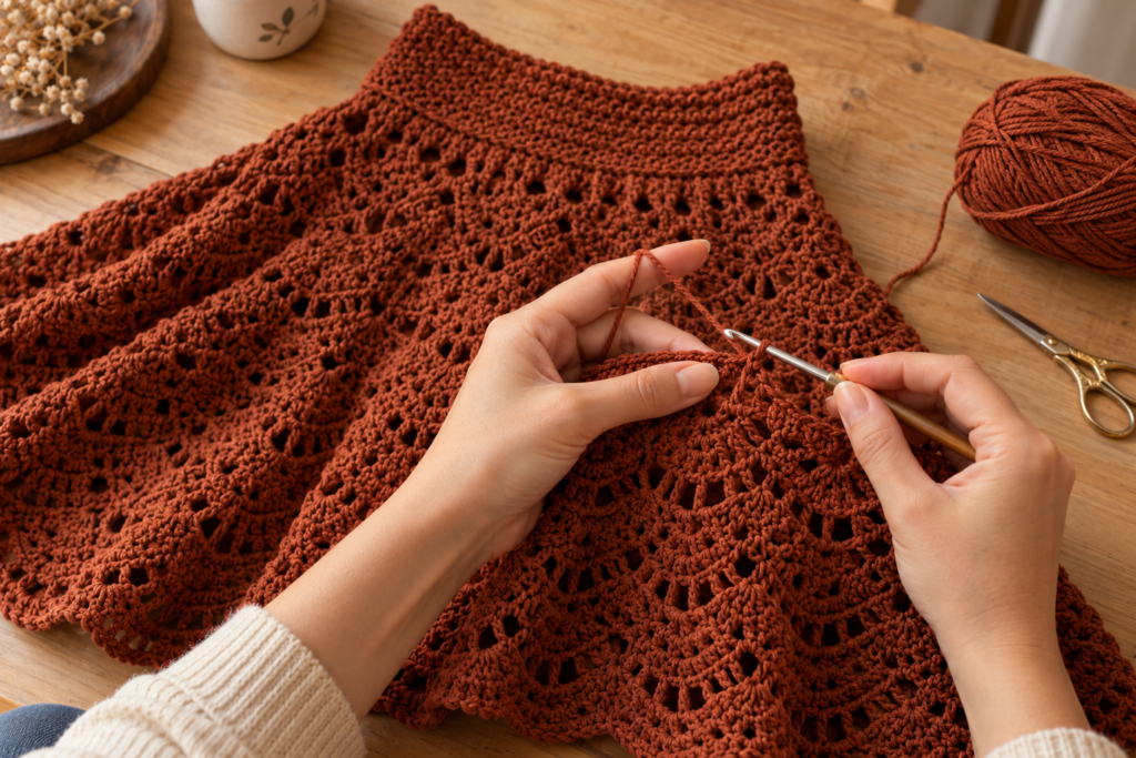Hands crocheting the body of a rust brown crochet skirt