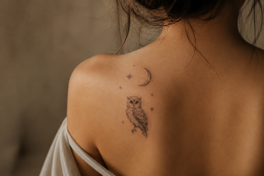 Dainty owl and crescent moon tattoo design
