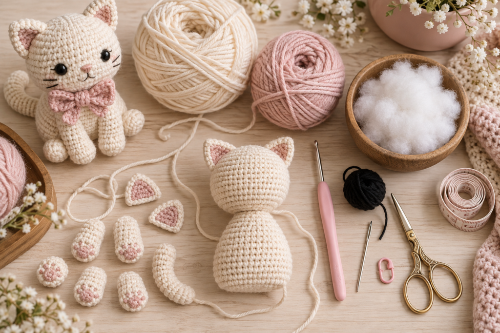 Materials and crochet supplies for making a cat amigurumi
