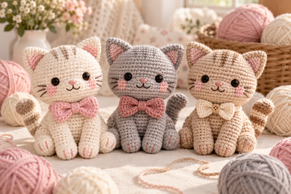 Three customizable crochet cat amigurumi color and bow ideas