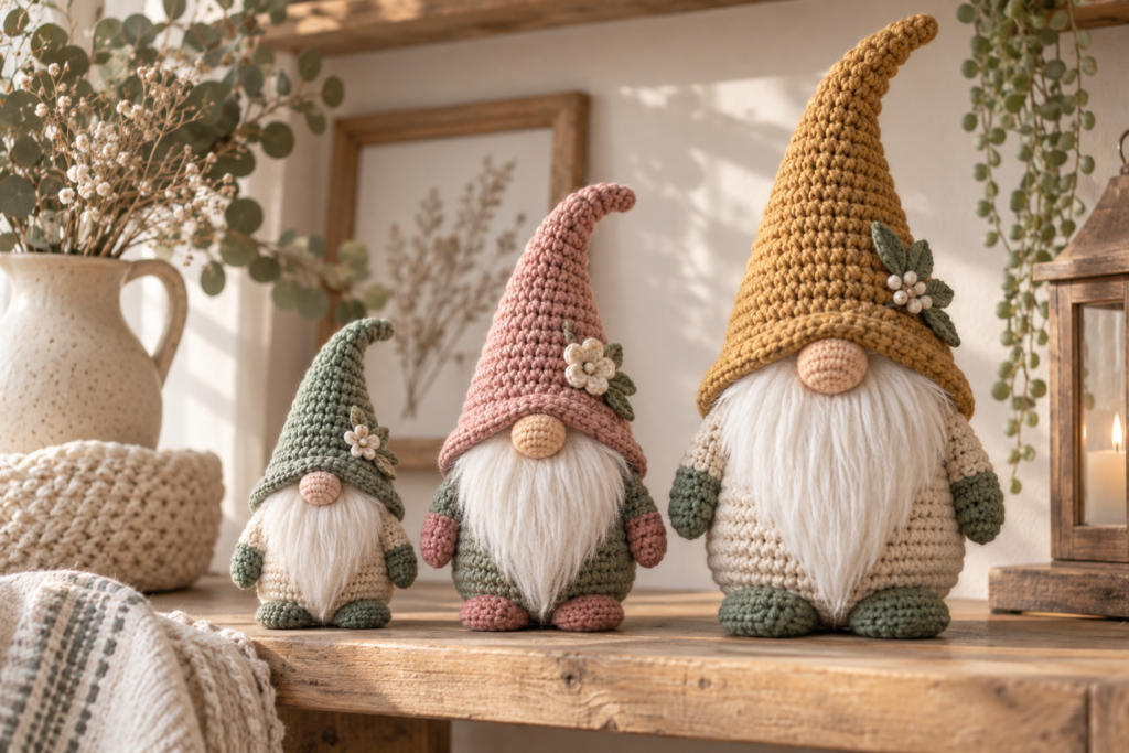 Small medium and large crochet gnomes displayed together