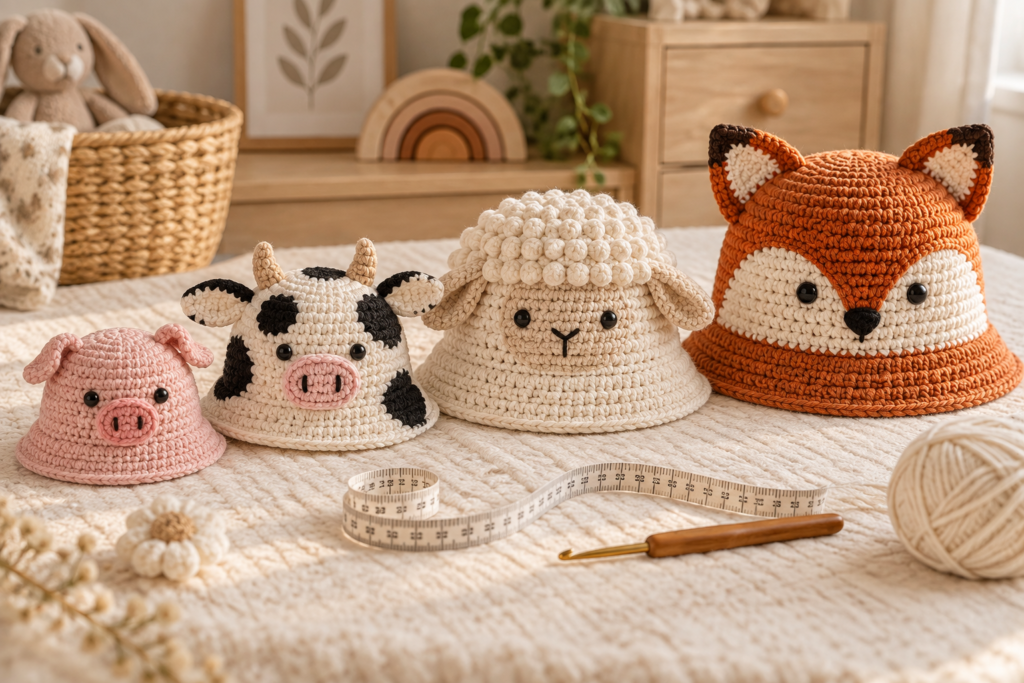 Close-up crochet pig cow sheep and fox hat details and accessories