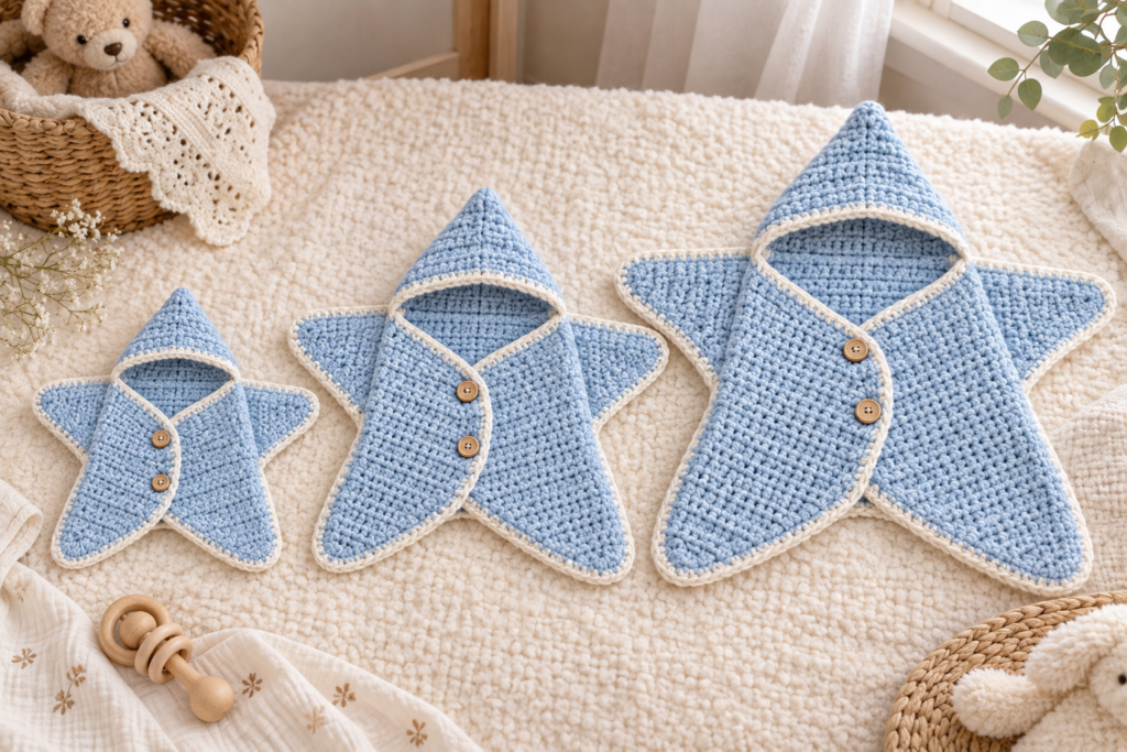 Three baby blue crochet star wraps in different baby sizes