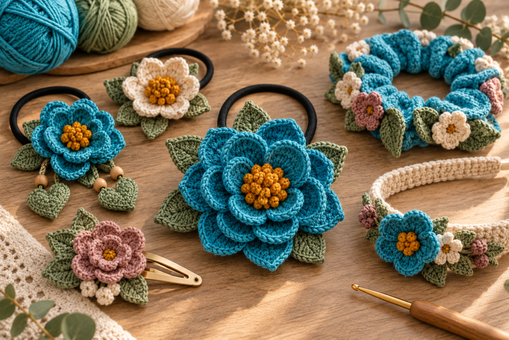 Collection of handmade crochet flower hair accessories