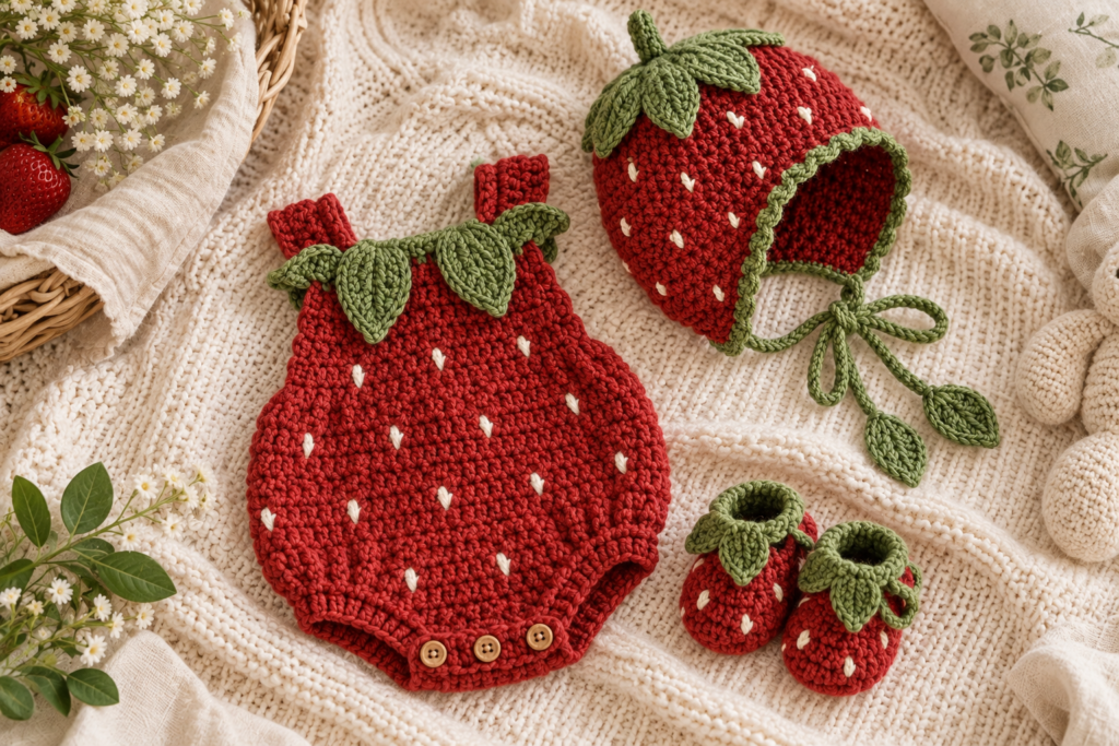 Three-piece crochet strawberry baby outfit with romper bonnet and booties