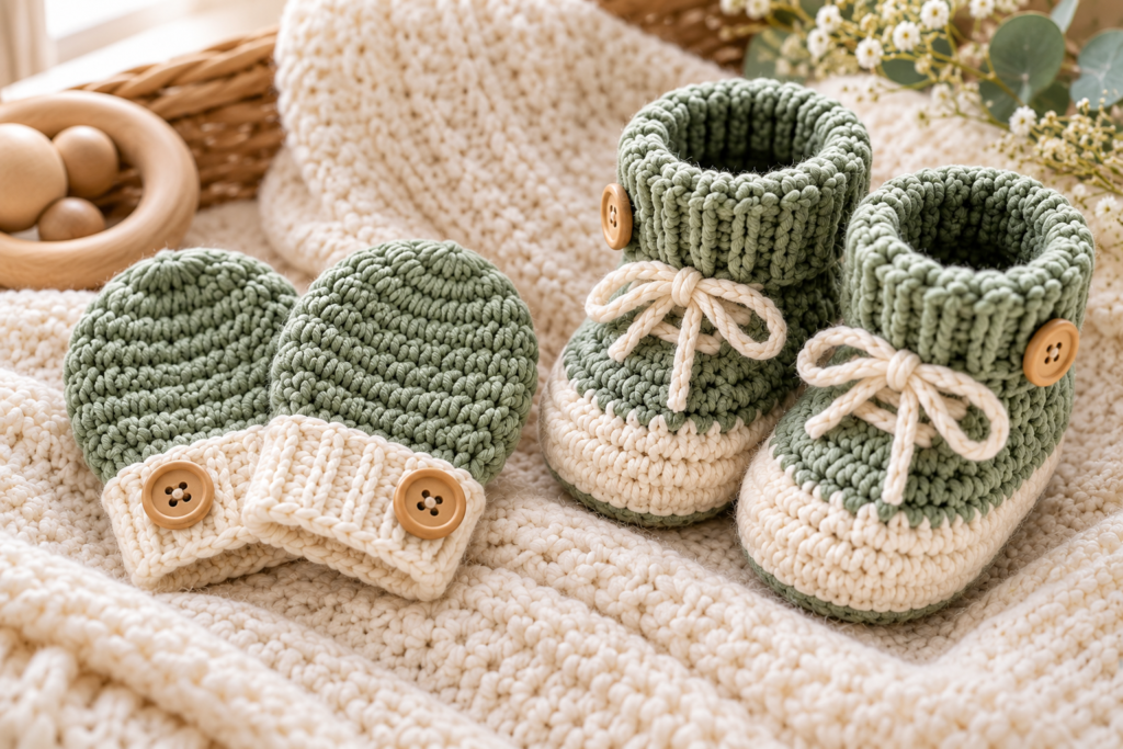 Matching crochet baby mittens and booties in sage green and cream