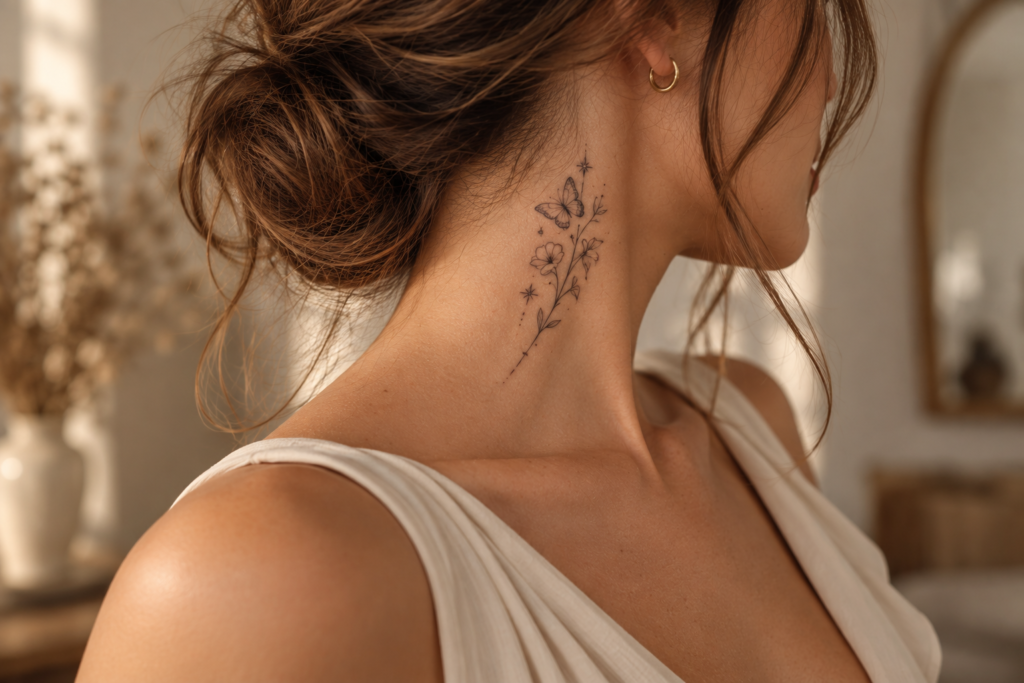Delicate butterfly and floral neck tattoo design
