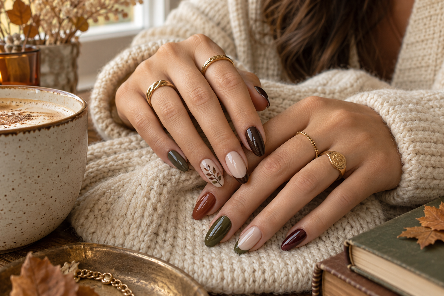 September nail ideas featuring warm brown, terracotta, olive and cream colors