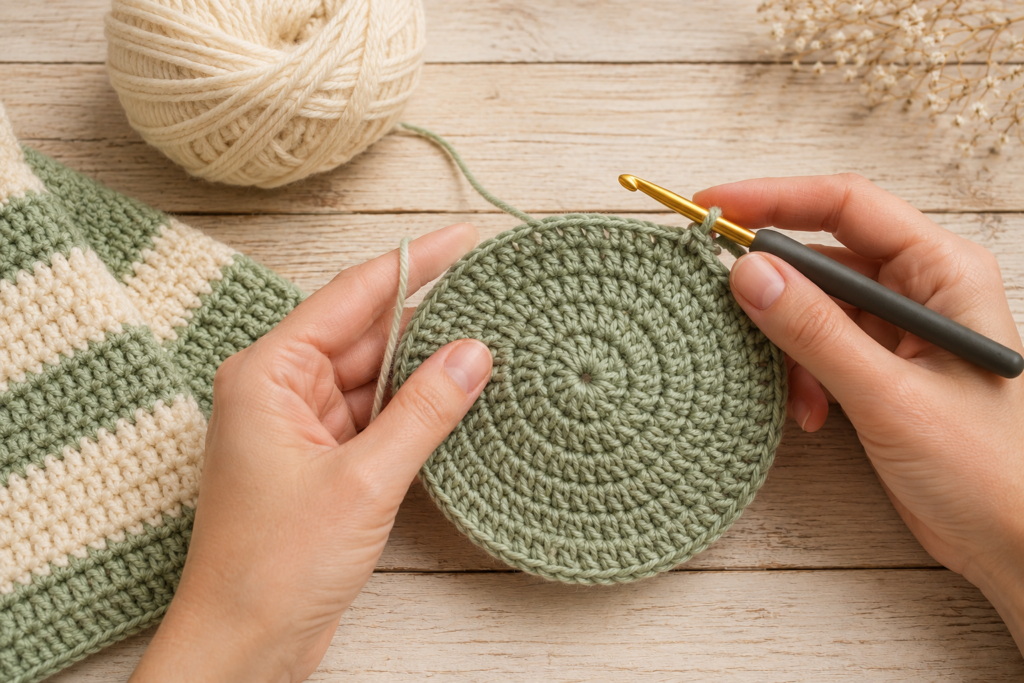 Crocheting the crown of a matching sage green and cream baby beanie