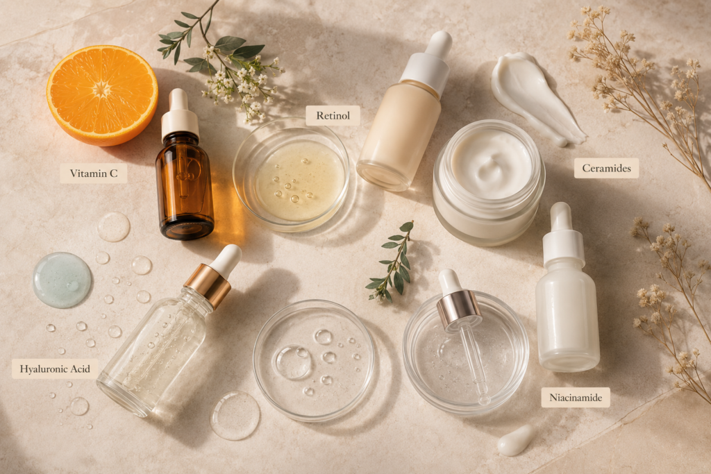 Skincare ingredients including vitamin C retinol hyaluronic acid ceramides and niacinamide