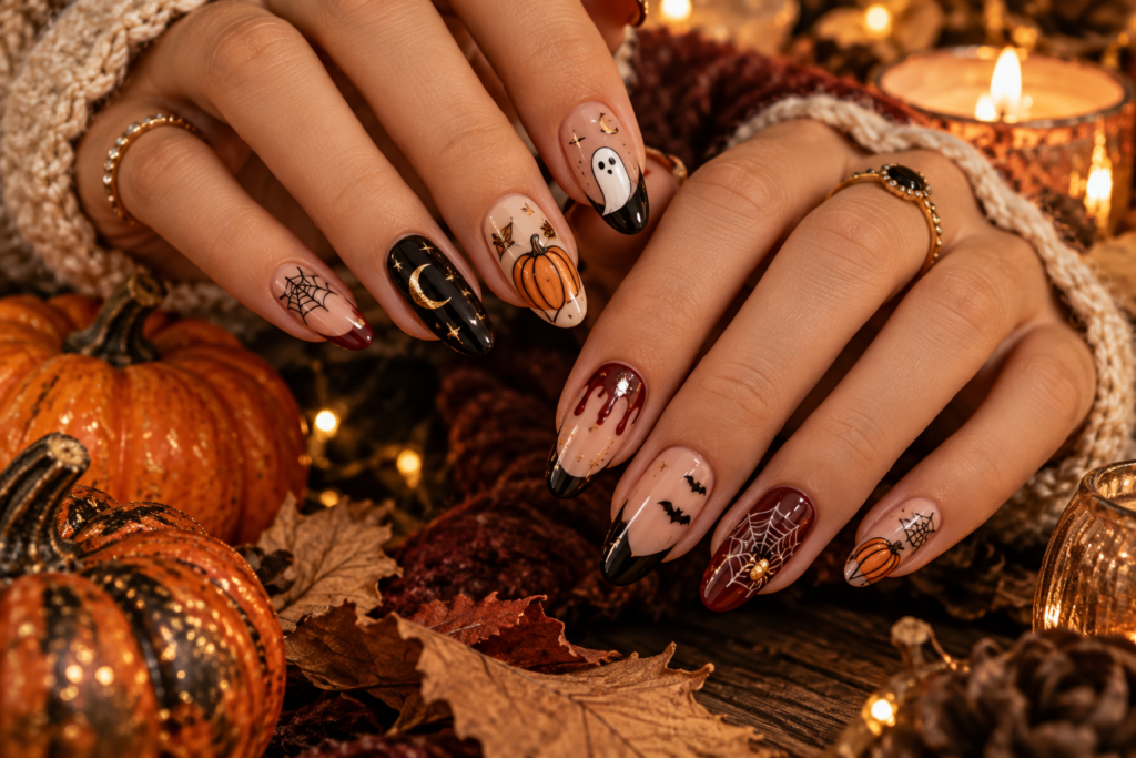 Halloween nail art inspiration featuring ghosts, pumpkins, bats and spiderwebs