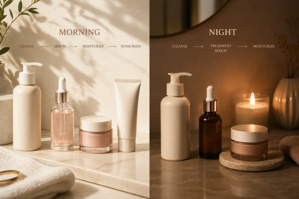 Morning and nighttime skincare routine steps