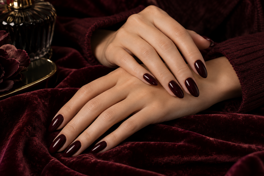 Black cherry nails in a glossy fall manicure