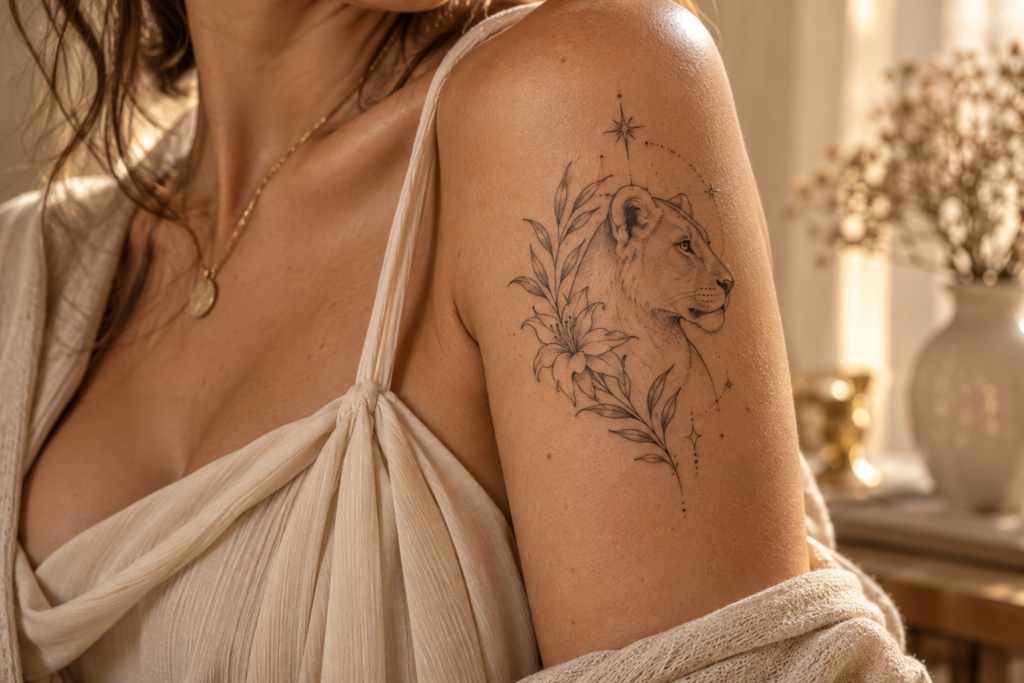 Feminine lioness tattoo inspired by Leo symbolism