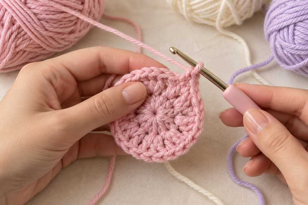 Crochet cat granny square center being made with pastel yarn