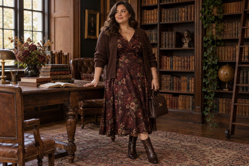 Plus size Dark Academia dark floral dress with cardigan and ankle boots