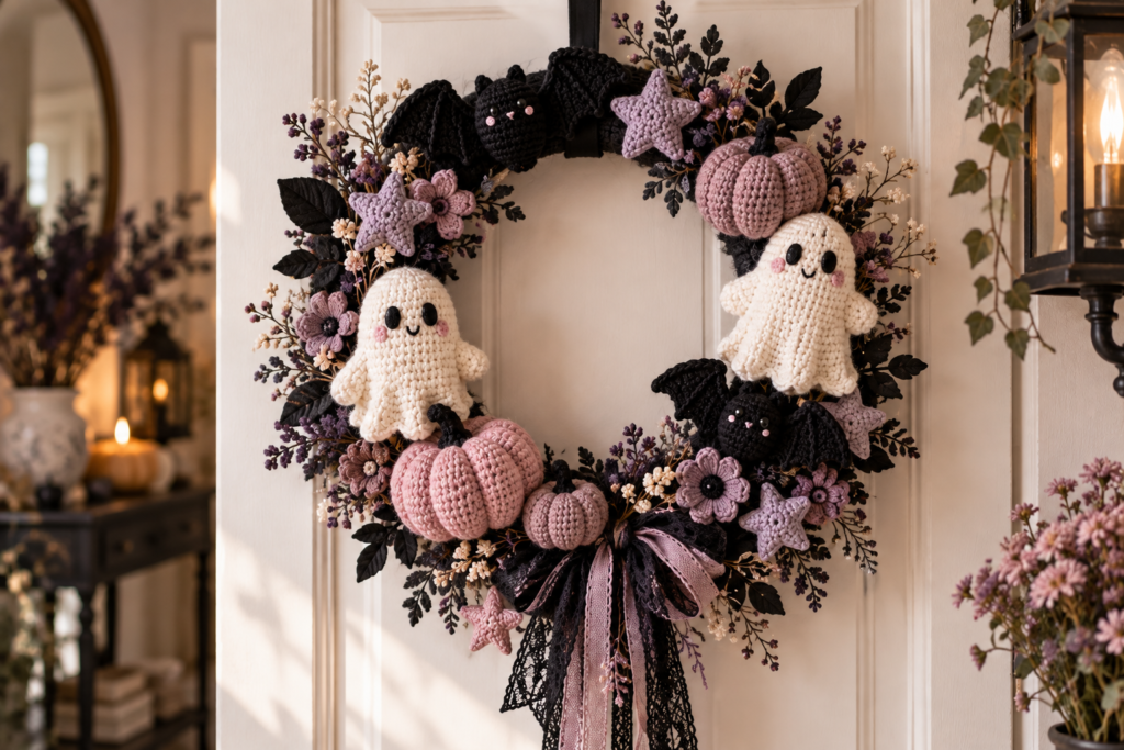 Pastel goth crochet Halloween wreath with ghosts bats pumpkins and stars
