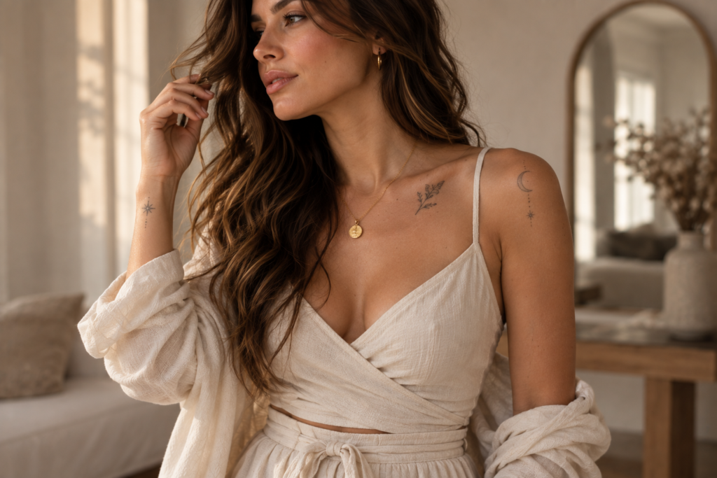 Woman showing delicate tattoos on the wrist, collarbone and shoulder