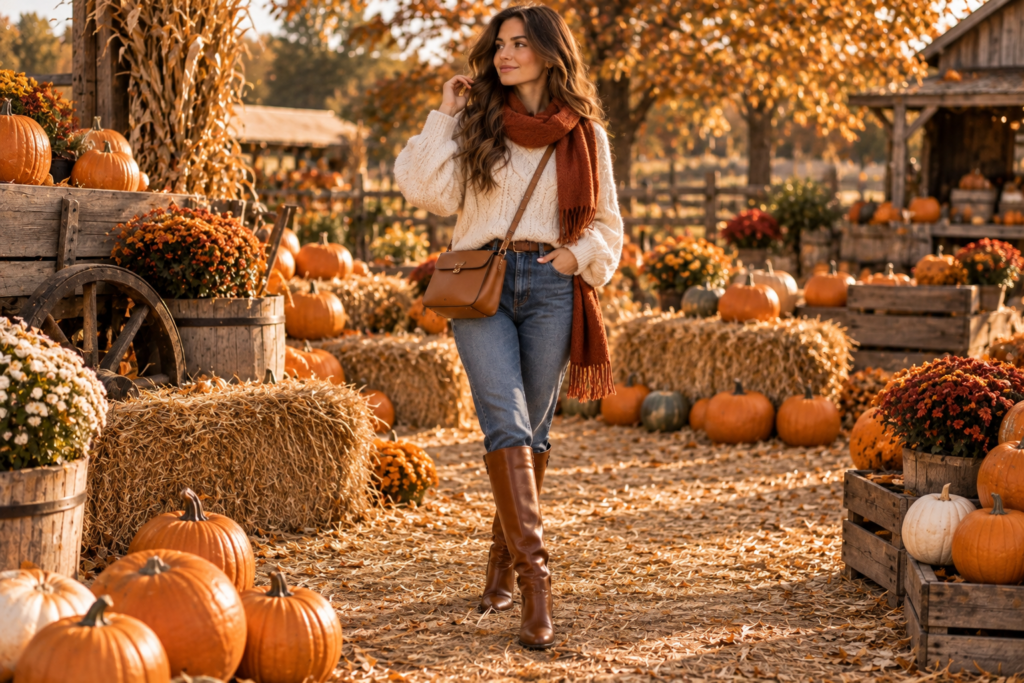 Cozy pumpkin patch outfit with cream sweater and brown boots