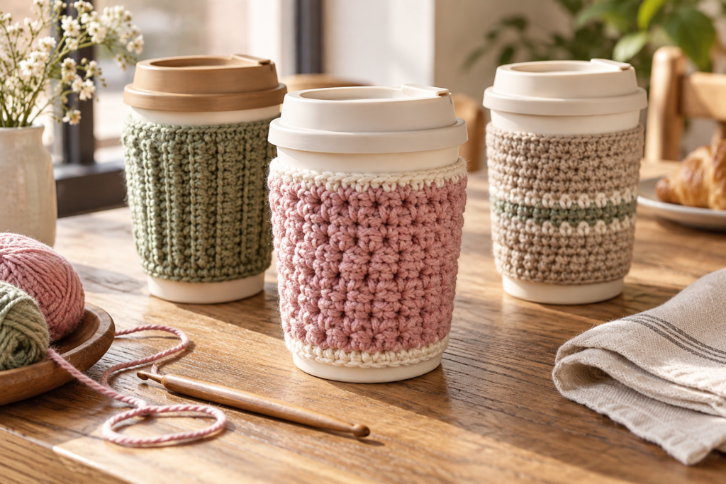 Handmade crochet cup cozies for coffee lovers
