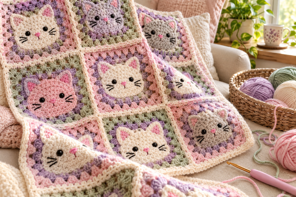 Crochet blanket made with colorful cat granny squares