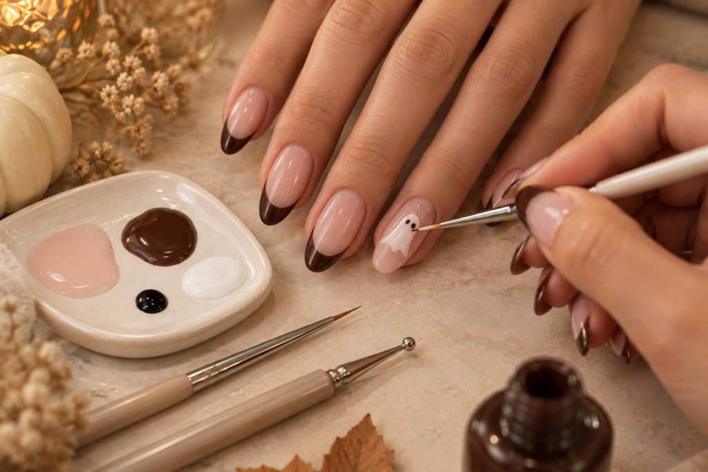 Step-by-step ghost nail art tutorial with a fine nail brush