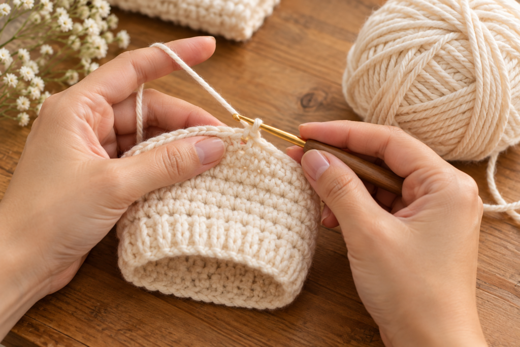 Hands crocheting a small baby hat with cream yarn and crochet hook