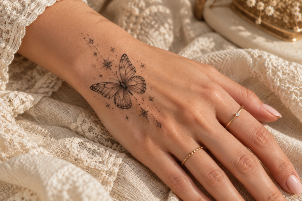 Celestial butterfly hand tattoo with stars and moon details