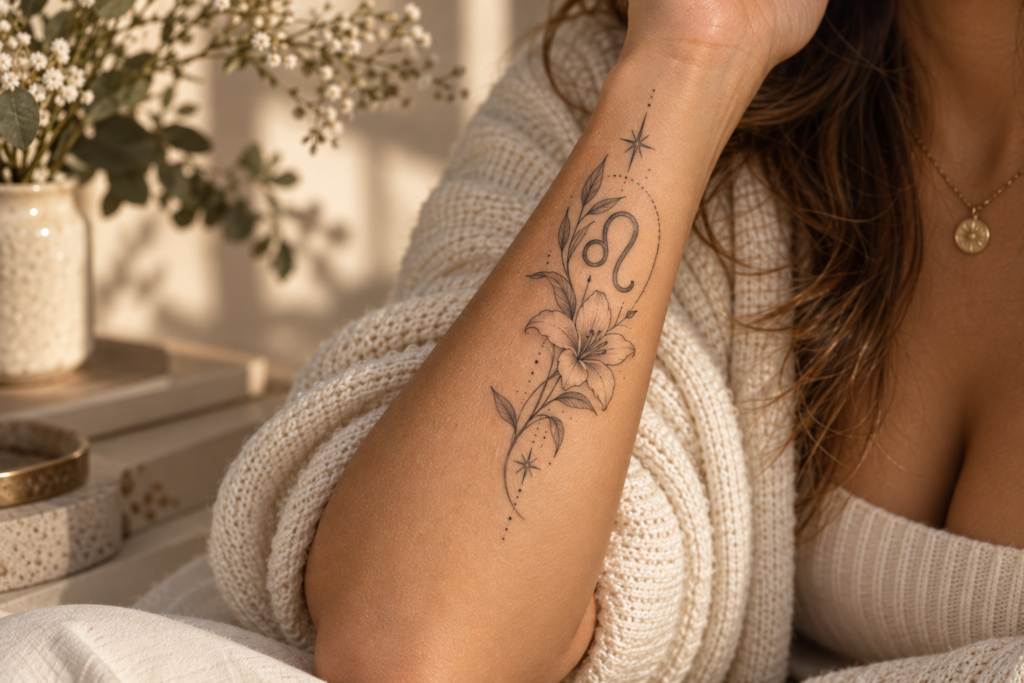 Leo zodiac tattoo with delicate birth flower elements